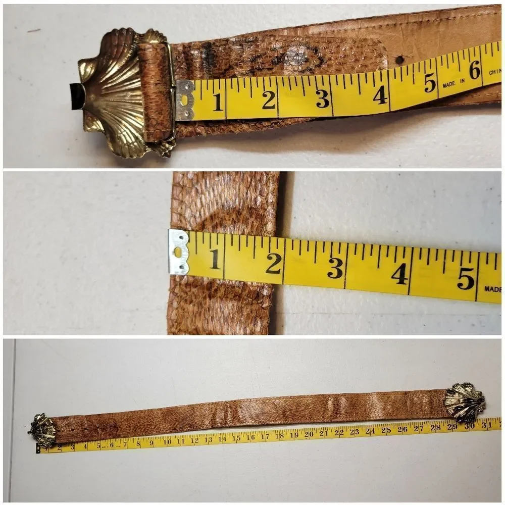 Vintage Snakeskin Leather Belt with Gold Toned Shell Buckle with Smokey Gems